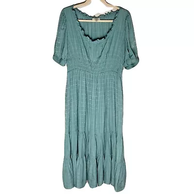 Umgee Puff Sleeve Tiered Maxi Dress W/ Pockets Smocked Waist Teal Prairie Size L • £21.21