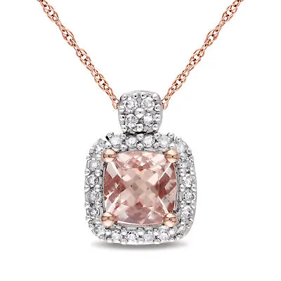 Amour 10k Rose Gold Cushion-cut Morganite And 1/10CT TDW Diamond Halo Necklace • $259