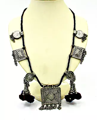 Vintage Coin Indian Bollywood Silver Oxidized Fringed Necklace Ethnic Jewelry • $18.99