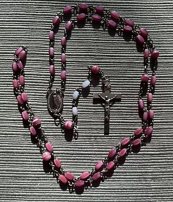 Vintage Pink Glass Rosary Beads Virgin Mary Miraculous Medal Center Capped Brass • $17.95