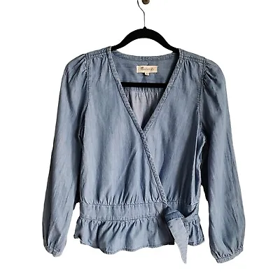 Madewell Shirt Small Blue Women's Denim Puff-Sleeve Peplum Wrap Top Chambray • $17.99