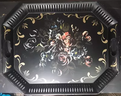 VINTAGE Hand Painted - Floral On Black Toleware Large Metal Tray ASIAN ORIENTAL • $44.99