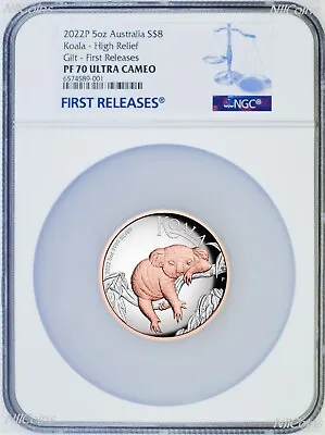 $715 • Buy 2022 Australia Pink Gold GILT HIGH RELIEF 5oz Silver Koala $8 Coin NGC PF70 FR