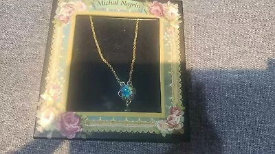 NIB MICHAL NEGRIN SWAROVSKY CRYSTAL DANGLING Blue FLOWER NECKLACE • $75