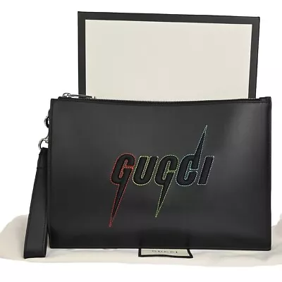 GUCCI Logo Blade Embroidery Clutch Hand Bag Leather Black Silver Italy 32RJ492 • $388