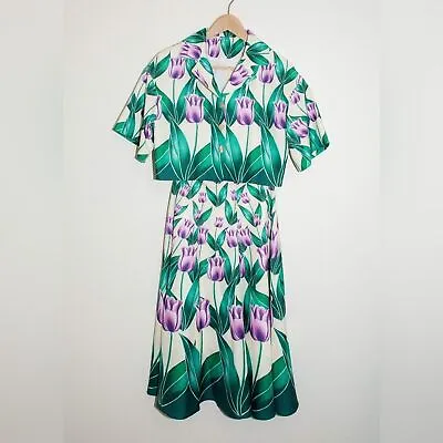 Purple Tulip Print 2 Piece Skirt And Crop Top Set Sz Small • $34