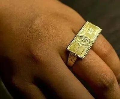 Men's Hundred Dollar Bill Money 2 Finger Ring 14K Yellow Gold Plated 925 Silver • $179.99