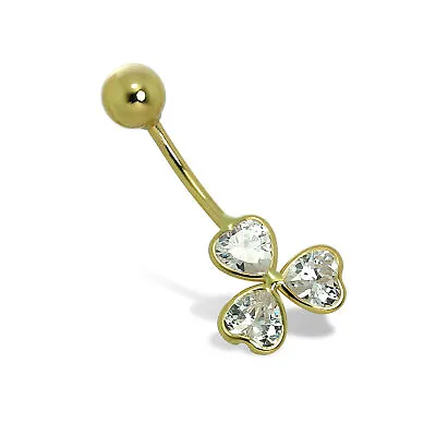 9ct Gold & CZ Crystal Clover Flower Ball End Belly Bar Piercing 17Ga Tummy Luck • £58