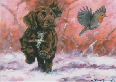 Cocker Spaniel Dog Cute Puppy Robin Painting Christmas Xmas Card • £1.95