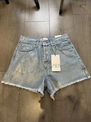 Zara Light Blue High-waist Metallic Shorts Denim Bnwt Size 12 (small Fit) • $18.93