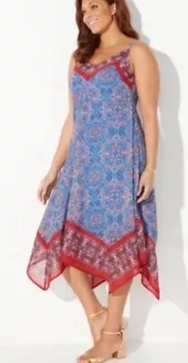 Catherines Bandana Print Dress 3X Handkerchief Hem Red White Blue Asymmetrical • $38.99
