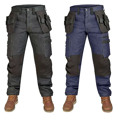 Men Cargo Work Pants With Pockets Denim Utility Trousers Heavy Duty Black Blue • £19.99