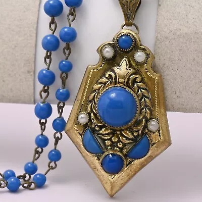 Vtg 1930s Art Deco Czech Blue Lapis Glass Demilune Pendant Necklace • $34