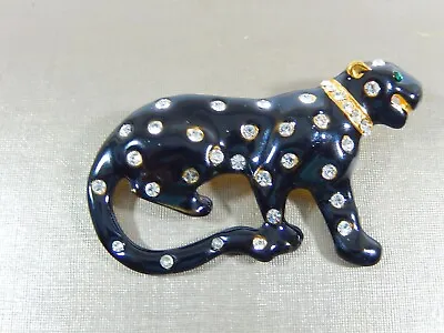 Vtg Panther Leopard Jungle Cat Black Enamel Gold Tone Rhinestone Large Brooch • $29.95