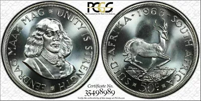 South Africa 1963 Van Riebeeck Fifty Cents 50 Cents. PCGS PL 67. Crown • $129