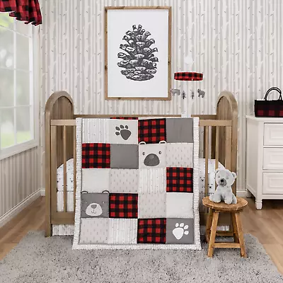 New Designer Baby  Grey Red Patchwork Bear Woods 4Piece Crib Bedding Set • $69.99