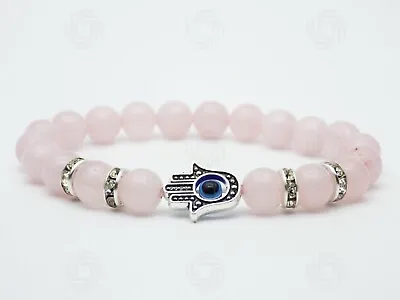 Women Rose Quartz Hamsa Bracelet Hands Of Fatima Gemstone Luck Evil Eye Gift UK • £4.99