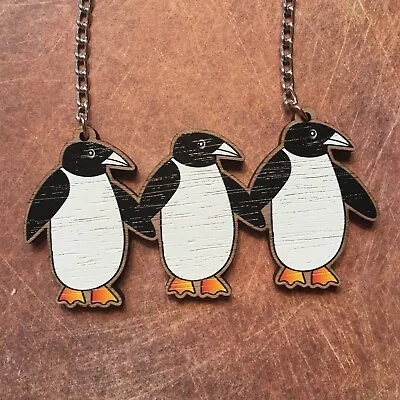 Handmade Laser Cut Wooden Penguins Necklace Cute Christmas Gift Wood • £20