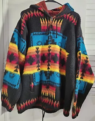 Hand Made Ecuador Wool Cardigan Inca Sweater Unisex Full Zip Hood Large • $60