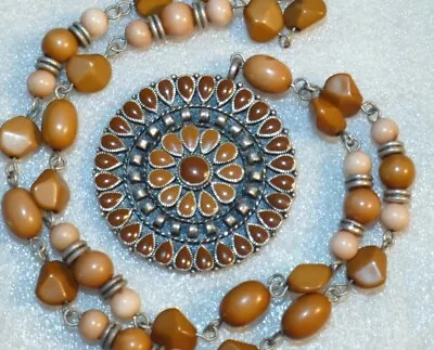 Mandala Necklace Terracotta Orange Faux Stone Beaded Chain Medallion Pendant • $14.97