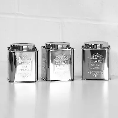 Vintage Silver Coloured Tea Coffee Sugar Canisters Storage Jars Containers Tins • £36