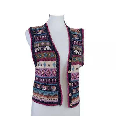 Vintage 90s Ivy Fair Isle Whimsical Elephant Cotton Ramie Knit Vest S/M • $21.95