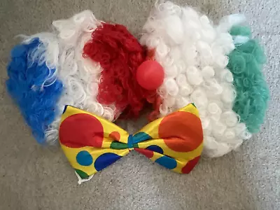 Rainbow Clown Wig Halloween Fancy Dress +BOW TIE +CLOWN NOSE CHOICE OF COLOURS • £5.99