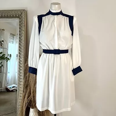 Vintage 80’s Dress Sz S/M White Navy Summer Modest Flowy Nautical Royal Kate • $25