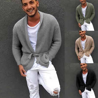 Mens Shawl Collar Belted Cardigan Knitted Warm Sweater Jumper Open Coat Jacket • $48.55
