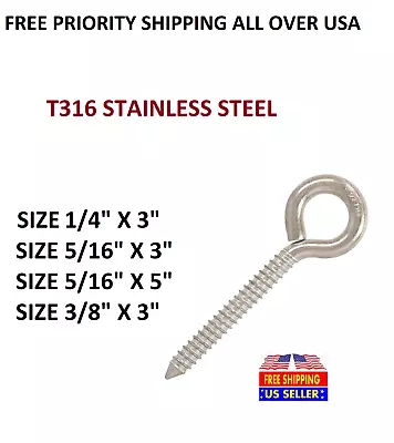 T316 Grade Stainless Steel Lag Screw Eye Bolt 1/4 X3 5/16 X3 5/16 X5 3/8 X3  • $145