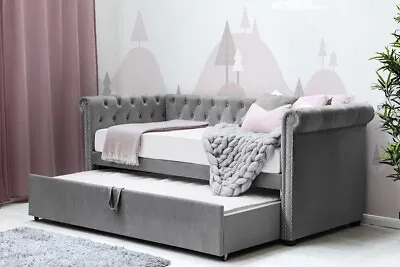 Clarendon Grey Velvet Day Bed With Pull Out Trundle - Single - FRAME ONLY - • £244.98