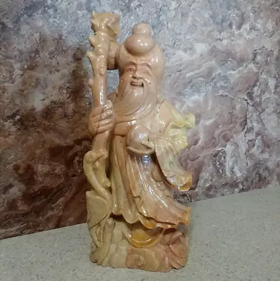 Vintage Carved Soapstone Asian Shou Lao God Of Longevity Wiseman  8 H • $44.99