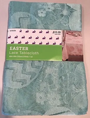Easter Tablecloth Blue Lace Scalloped Edge Eggs Flowers 60  X 104   NWT • $12.99