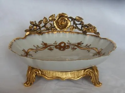VTG Matson Vanity Trinket Tray Soap Dish Footed Gold Regency Ormolu Rose Holder • $44