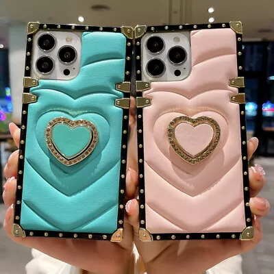 Down Jackets Leather Square Case Cover Heart Ring Stand For IPhone Samsung Phone • £7.79