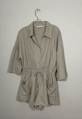 Zara Size Medium Beige Linen Romper Safari Beach Resort Playsuit Short Sleeve • $26.39