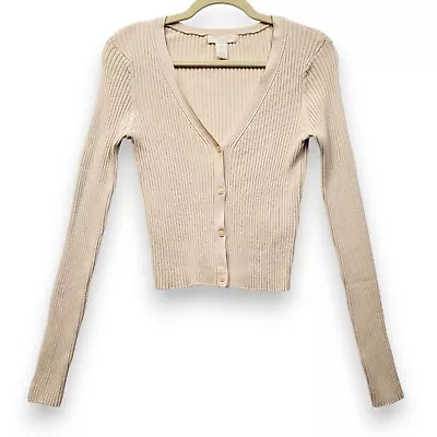 H&M Crop Cardigan Sweater Womens M Cream Long Sleeve Button Ribbed Freya • $12.58