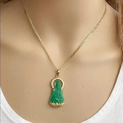 14K Solid Real Yellow Gold Lady Quan/Kwan Yin Buddha Green Jade Pendant - P208 • $898