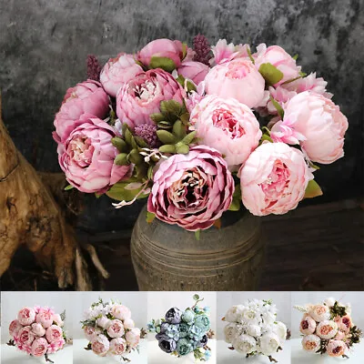 13 Heads Silk Peony Artificial Fake Flowers Wedding Bouquet Home Party Decor • £6.98