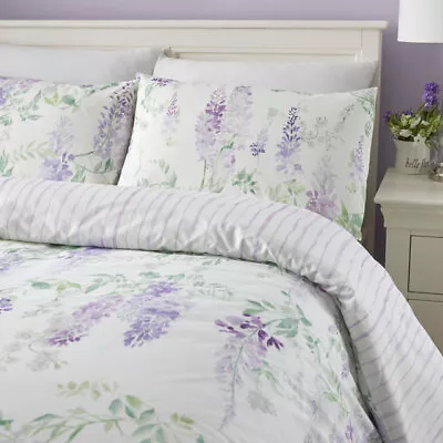 Lilac Wisteria Flowers Soft Floral Trail Stripe Bedding Curtains Matching Range • £39.99