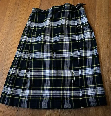 Navy Green Scottish Tartan Plaid Kilt Skirt Leather Buckle Strap Silver Pin S-M • $24.95