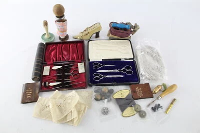 £29.11 • Buy 20 X Antique / Vintage HABERDASHERY Inc Darning Mushroom, Sewing Set Etc