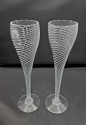 Steven Maslach White Latticino Swirl Flutes Set Of 2 Vintage Art Glass Signed • $78.90