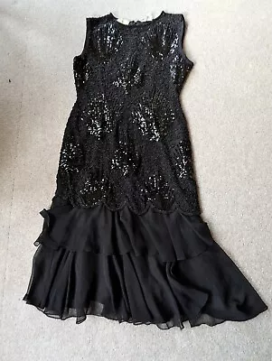 Vintage Couture 70s 80's Black Sequin Hand Beaded Cocktail Evening Dress Size 8  • £40