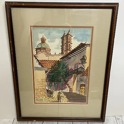 Signed V. Flores Taxco Mexican Town W/Señor & Donkey Framed Watercolor Painting • $94.29