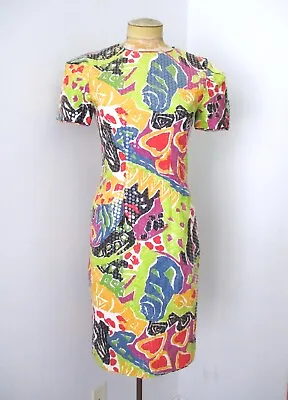 Vtg 80s 90s New Wave Morton Myles Colorful Geometric Sequin Wiggle Dress 4 • $62.50
