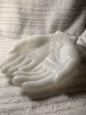 Vintage Avon Double Hands Milk Glass 7 X 5.5  Trinket Candy Soap Dish Floral Bow • $15.99