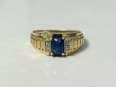 10k Yellow Gold Lab Created Linde Star Sapphire & Diamond Men's Ring • $249.95