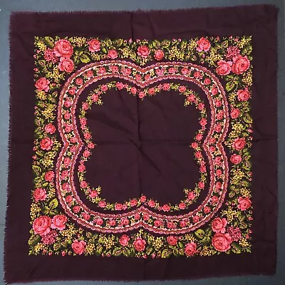 Babushka 32  Square Scarf Burgundy Pink Floral Short Fringe Vintage Retro Wool • $24.99