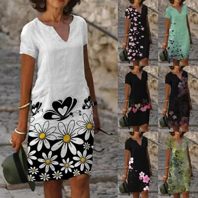 Womens Short Sleeve V Neck Floral Midi Dress Ladies Casual Baggy Kaftan Dresses • £12.81